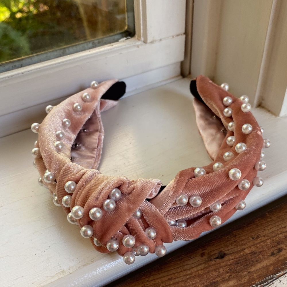Anthropologie Pink Velvet Faux Pearl Headband